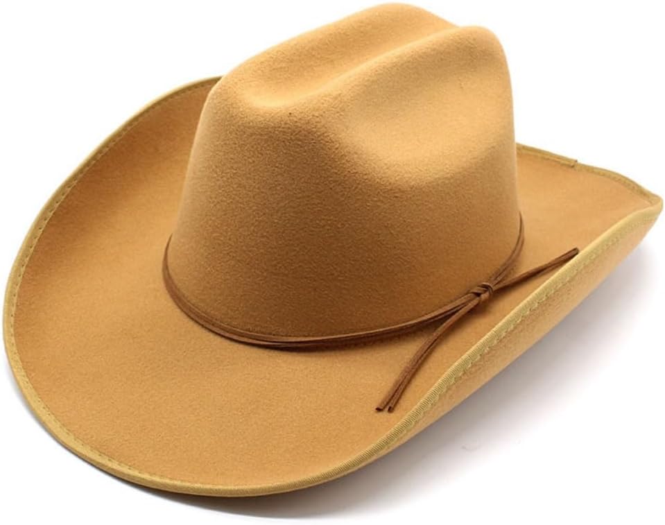 Classic Wool Western Cowboy Hat, Tan Color with Leather Band, Wide Brim