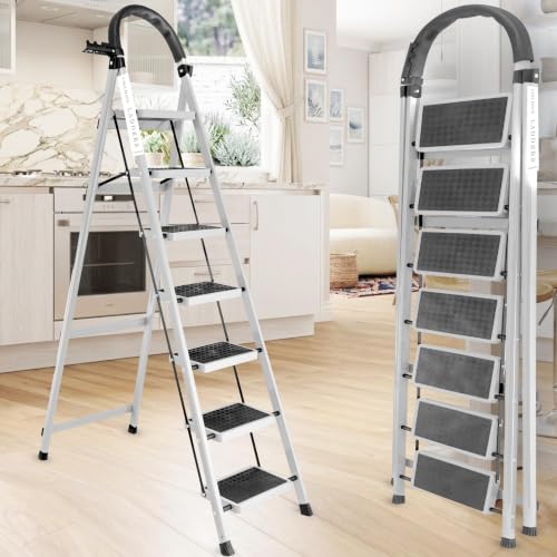 Image of White 7 Step Ladder for Home Use with Built-in Tool Tray | Heavy Duty D Shape Rods | Ultra Large Platform | Wide Rubber Feet | 150Kg Capacity Foldable Ladder - 7 Years Warranty