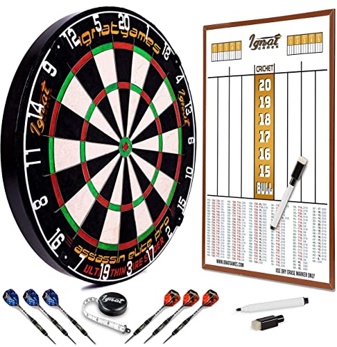 IgnatGames Professional Dart Board Set - Tournament Sisal/Bristle Dartboard + Dry Erase Darts Scoreboard - Professional Dart Board Scoreboard + 6 Steel Tip Darts + Darts Measuring Tape + Darts Guide