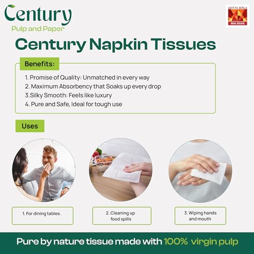 Image of Century 1 Ply 100% Virgin Pulp Tissue Paper Napkins| Highly Absorbent & Chemical Free Serving Napkins 100 Pulls- 23x23 cm (Pack of 6)