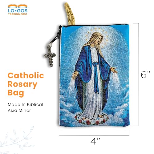 Image of Catholic Rosary Pouch, 4 inch x 6 inch Jewelry & Coin Purse with Cross, Small Woven Tapestry Icon Bag, Bolsa de Rosario Catolico para Joyeria, Our Lady of Grace & Miraculous Medal Symbol, 4 inch x 6 inch