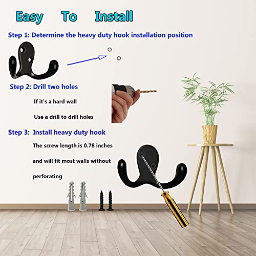 3 Pack Black Double Prong Coats Towel Hooks For Bathrooms Wall Mounted Shower Rustproof, 1.37 Oz Retro Wall Hooks Heavy Duty Hanging Towels Coat Hat Loofah Robe Key Scarf Bag Cap Kitchen Accessories #TOP6