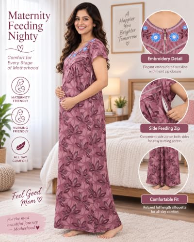 Image of Noty Women's- Maternity | Feeding | Nursing | Nighty /Maxi /Gown- Poly Viscose Knits Fabric- Embroidery, Printed, Zip on Both Sides