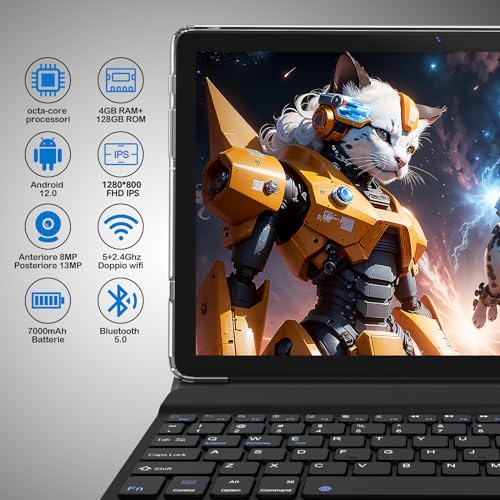 KADYBE 2025 Ultima versione Android tablet 10 pollici, 8 RAM+128GB(TF 1TB), Octa core, 5G WLAN, 8+13 MP,1080 LCD,GPS,1,8 GHz, 7000 mAh, tablet PC con tastiera e mouse,Type C-(Gray)