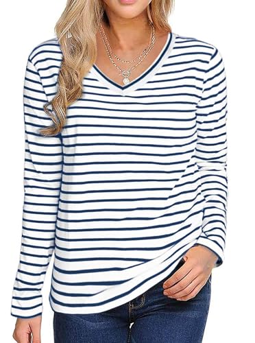 LilyCoco Damen Bretonisches gestreiftes Shirt mit V-Ausschnitt, langärmelig, lässig, lockere Passform, Weiß / Marineblau gestreift, X-Groß