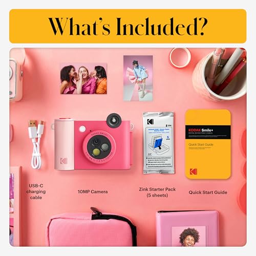 Image of Kodak Smile+ 2-in-1 Digital Instant Print Camera & Printer Gift Bundle + Case + Zink 2x3 Sticky Back Photo Paper 20pk + Album + Sticker Sets + Sticker Frames + Hanging Frames + Markers - Fuchsia