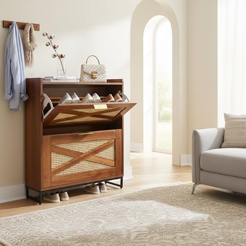 Image of The Artment your artistic apartment Raya Shoe Cabinet with Natural Rattan Weave, Warm Oak Finish, Slim Entryway Shoe Storage for 8 to 14 Pairs, Modern Rustic Japandi Organizer with Metal Base