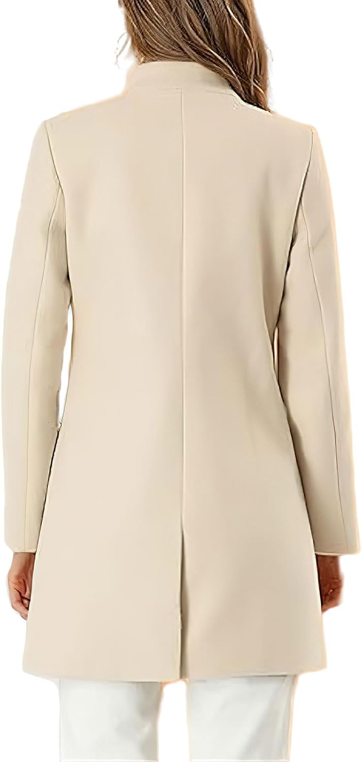 ebossy Women's Casual Stand Collar Single Breasted Wool Pea Coat Back Slit Slim Fit Mid-Long Blazer Coats with Pockets - Image 2