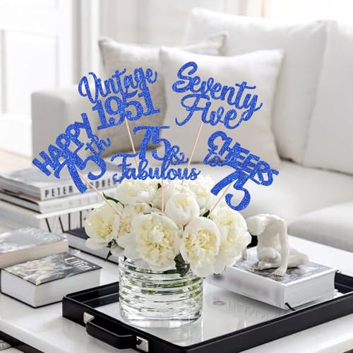 Image of 15 PCS 75th Birthday Centerpiece Sticks Glitter Seventy Five Happy 75 Vintage 1951 Table Flower Centerpieces Sticks Cheers to 75 Fabulous Floral Decorations for 75th Birthday Party Supplies Blue