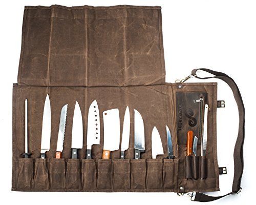 EVERPRIDE Chef Knife Roll Bag Holds 10 Knives and Kitchen Tools  Durable Knife Case Made of Canvas and Genuine Leather  Chef Bag is Easily Carried by Handle or Shoulder Strap  Knives Not Included