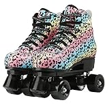 XVBVS Modische Rollschuhe für Erwachsene, Farbe Leopard PU-Leder Obermaterial, Klassische High-Top Zweireihige Rollschuhe für Indoor Outdoor Anfänger Frauen Männer und Jungen Mädchen (40,Schwarz)