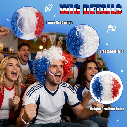 YYSWSAKY Pack of 8 France Fan Item, World Cup Decoration France, Football World Cup 2026 Fan Pack with Sunglasses, Make-Up Pen, Hand Flags, Bracelet, Flag, Wig for Party Stadium Public Viewing (France
