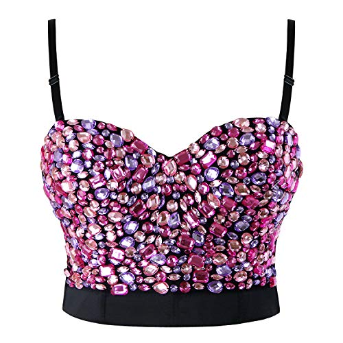 Image of Charmian Women's Colorful Rhinestone Push Up Bra Clubwear Bustier Crop Top | Underwire Padded Bra, Detachable Shoulder Straps, Plastic Boned