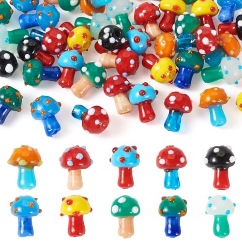 Cheriswelry 50 cuentas de hongo a granel de cristal para plantas de dibujos animados en 3D, cuentas de vidrio para hacer joyas, collares, pulseras, llaveros