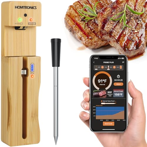 Thermomètre à Viande Intelligent Sans Fil, [150M/Connectivité Bluetooth+APP]Homtronics Thermomètre à Viande,Thermomètre Cuisine,pour Gril, Four,Cuisine, BBQ,Rôtissoire,App Compatible IOS/Android