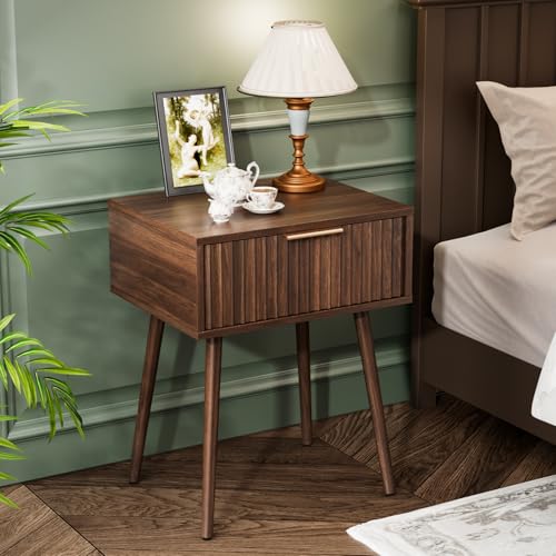 Image of VINGLI Fluted Nightstand with Drawer, 19 inch W Mid Century Modern Nightstand for Bedroom, Bedside Table, End Tables Bedroom, Wood Night Stand, Walnut, 18.9 inch W*14.96 inch D*24 inch H