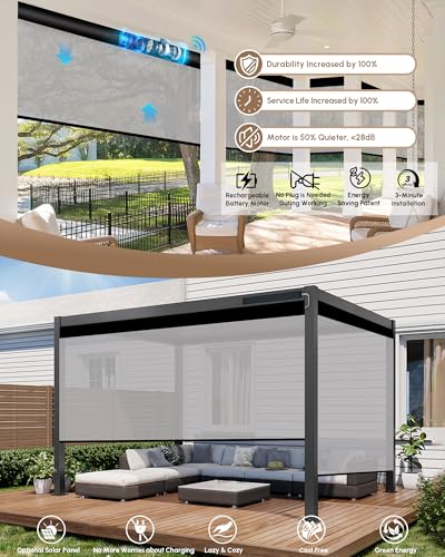 Image of Kincmo Motorized Outdoor Shades for Patio Porch, Custom Outdoor Motorized Blinds with Remote, Waterproof & Windproof Patio Shades Work with Apple Home,Alexa,Google (3%-Openness White Grey)