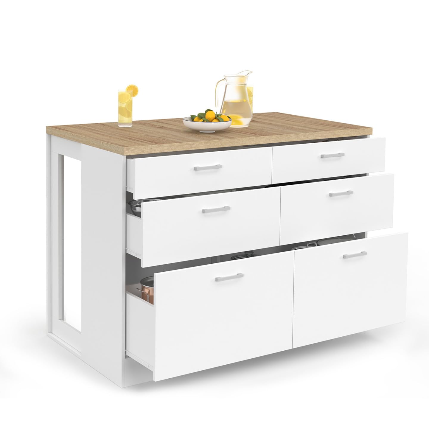 IDMarket - Ilot Central Mange-Debout Orso 120 cm casserolier 6 tiroirs Blanc avec Plan de Travail façon hêtre