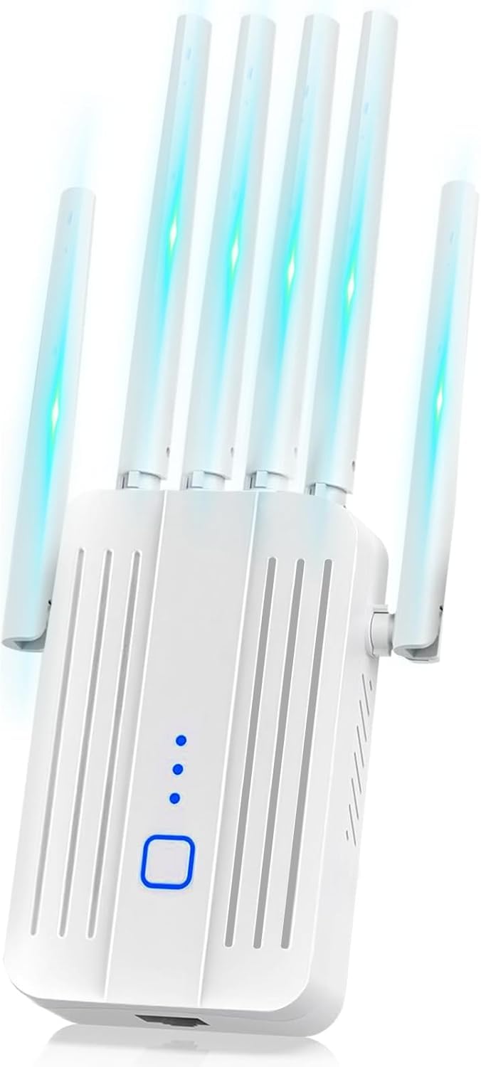 Repetidor WiFi Potente con 6 Antenas, Amplificador Señal WiFi Largo Alcance, Extensor WiFi Soporta 64 Dispositivos, Modos (Repetidor, Ap), Cobertura hasta 3200 pies², para Casa y Oficina