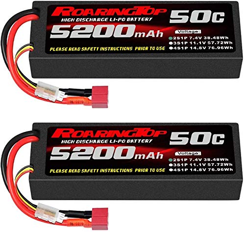 RoaringTop 2S Lipo Battery 7.4V 50C 5200mAh RC Lipo Batteries with Deans Connector/T Plug for 1/8 1/10 RC Car Truck DJI Drone (2 Packs)
