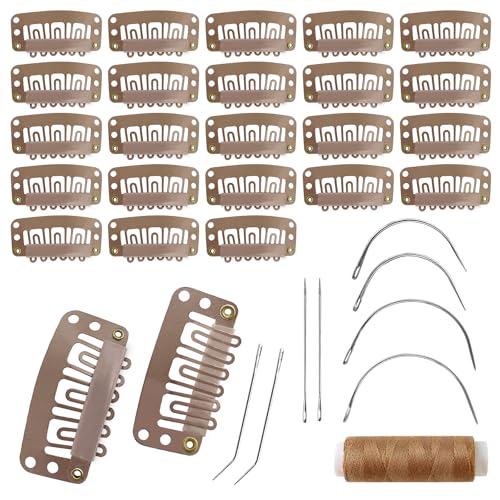 MUIIGOOD 25Pcs 32mm Hairpieces Snap Clips U Shape Wig Clips for Hair Extensions Making Wig Accessories Set Tools (Light Brown)
