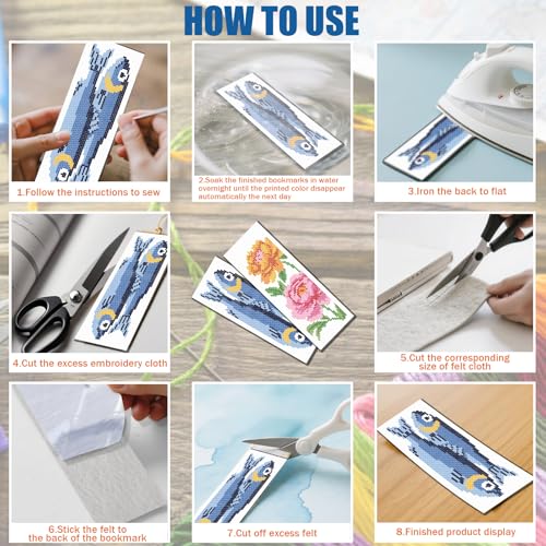 Image of FREEBLOSS 6 Set Cross Stitch Bookmark Kit 11 CT Complete Cross Stitch Kit DIY Embroidery Bookmark Kits for Adult Beginners with Instructions, Cat /Fish /Bee /Flower /Strawberry, 8 inch x 2.4 inch