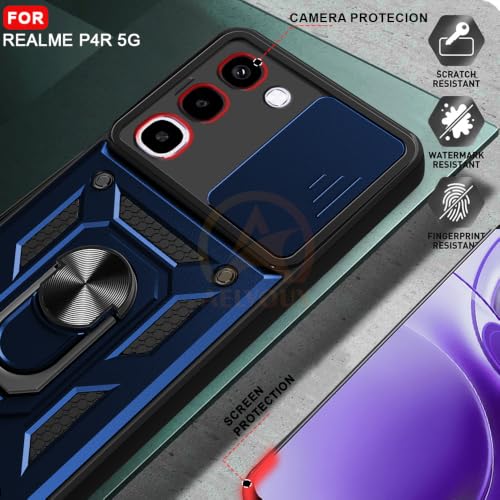 Image of Armor Bumper Back Cover Case for Realme P4R 5G Rotating Camera Cover, Ring Holder & Kickstand | Heavy Duty & 360 Degree Protection Realme P4R 5G Back Cover (Blue)