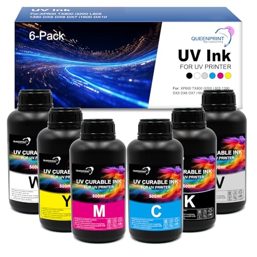 500ML Hard UV Ink (6-pack BK C M Y W+V) Rigid Type Ultraviolet UV Ink for Hard Surface Materials with XP600 TX800 i3200 DX5 DX6 DX7 i1600 L805 1390 DX10 Printhead and Printers