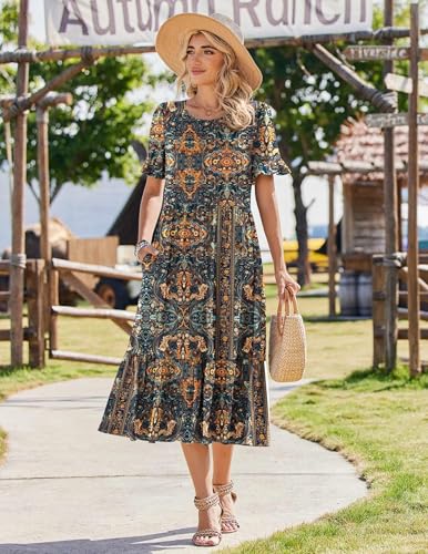 Image of Zeagoo Womens Summer Dresses 2026 Casual Midi Dress Flowy Sundress Ruffle Short Sleeve Tiered Dresses A Line Boho Dress