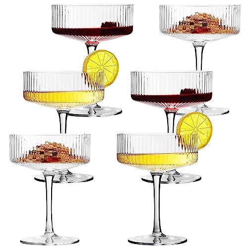 6 Pcs Ribbed Coupe Cocktail Glasses, 10 oz Classic Old Styling Martini Glass Set with Gift Box Packaging Elegant Hand Blown Manhattan Goblet for Cocktail, Champagne, Bar and Gift