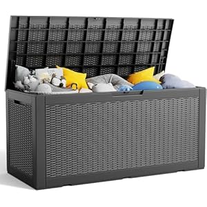 100 Gallon Resin Large Deck Box, Lockable Patio Outdoor Storage Box for Furniture, Garden Tools and Tools Storage, Waterproof Outside Storage Box – Black