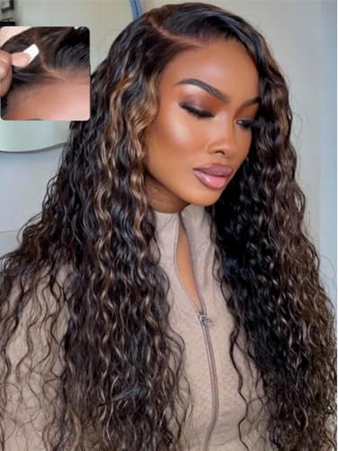 UNICE Water Wave Lace Front Human Hair Wig Golden Brown Highlight 16 Inch