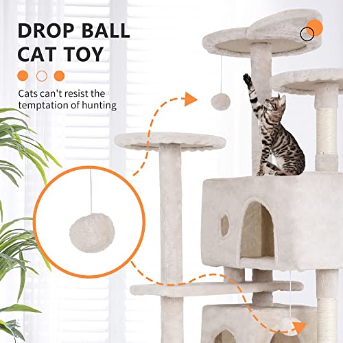 Image of 70 Inch Cat Tree, Cat Tower for Indoor Cats, Multi-Level Tall Cat Tree Kitten Tower with Cat Scratching Post, Cat Condo, Plush Perch, Dangling Ball, Heavy Duty Cat Tree for Large Cats, Beige