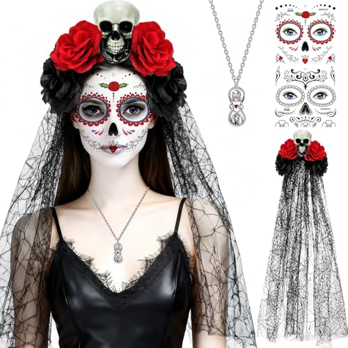 ZLPBAO Diadema del Día De Muerto, Diadema de Halloween Dia de Los Disfraz para Mujer, Mexicana Festival de la Muerte, Dia De Los Muertos Disfraz de Halloween Mujer