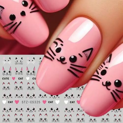 Cute Cat Nail Art Sticker Pink Cartoon Cat Nail Stickers 4PCS Black Line Graffiti Cat Cartoon Animal Design 3D Self-Adhesive Nail Decal Nail Art Supplies Manicure Sliders for DIY Nail Art Decorations image 4