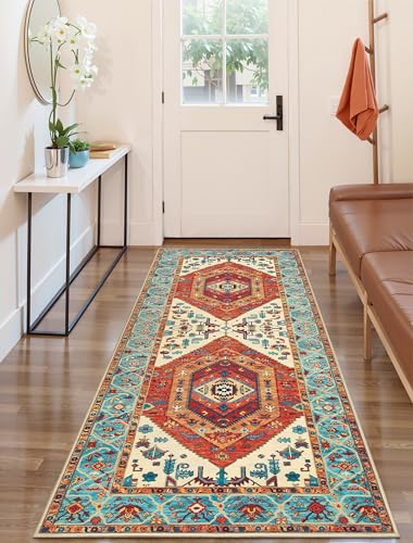SERISSA Boho Washable Runner Rug, 2x6 Rug Runner Non-Slip Vintage Orange Hallway Kitchen Runner Rug Ultra Soft Print Distressed Tribal Floor Carpet Runner for Bedroom Bathroom Laundry Living Room
