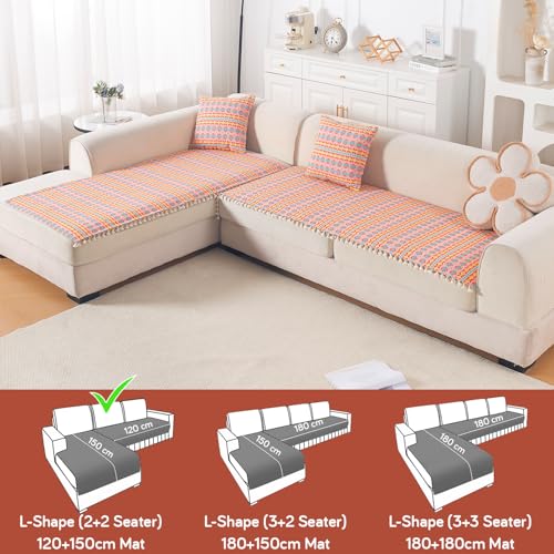 Image of HOKIPO L Shape (2+2 Seater) Sofa Cover Seat Mat | 300 GSM Cotton Acrylic Jacquard Fabric with Tassel, 'Trivana Series' Coral Orange (IN-934+935-J2)