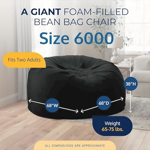 Image of ULTIMATE SACK 6000 6-Foot Bean Bag Chair with Footstool, Black Suede Cover - Oversized Foam Lounger, Floor Seat, Small Sofa, or Couch Bed for Living Area, Gaming Room, or Reading Lounge