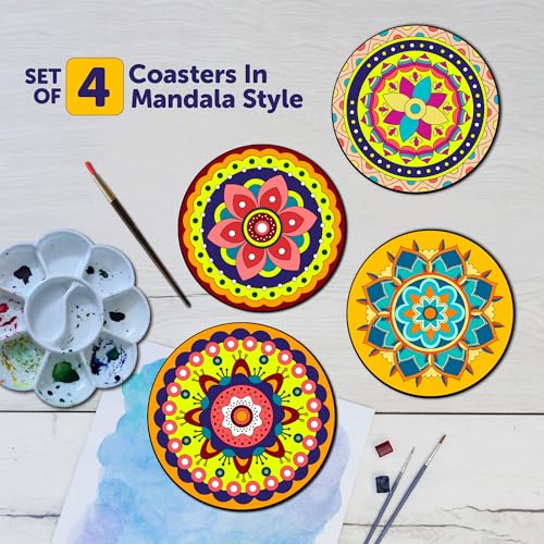 Image of Mini Leaves Wooden Mandala Painting Art and Craft Kit with Wooden Stand- Advance Level| Tea Coaster DIY Art and Craft Kit for 9 to 12 Years, Set of 4