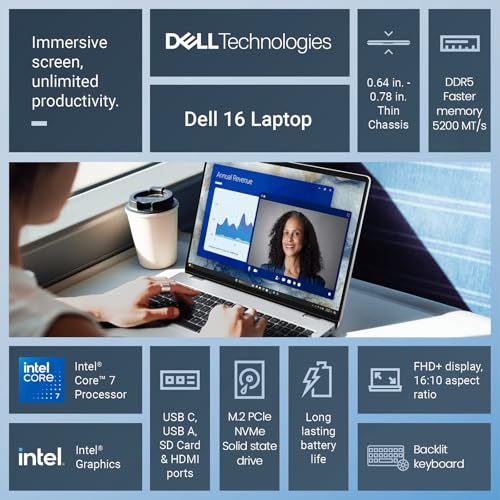 Image of Dell 2026 16 Laptop Touchscreen Computer, 16 inch FHD+ Touch Screen Business Laptop PC, Intel Core 7 (10-Core, >i7-1355U), 32GB DDR5 1TB SSD Windows 11 Pro, Backlit Keyboard 10-Key,Fingerprint,Wi-Fi 6E