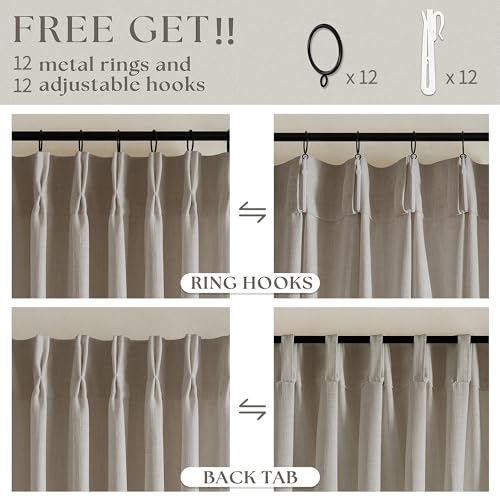 Image of Extra Wide Curtains 60 Inch Width 84 Inches Long for Living Room Bedroom Light Filtering Semi Sheer Farmhouse Pleated Curtain Hooks Rings for Patio Sliding Door Large Window Burlywood Taupe 1 Panel