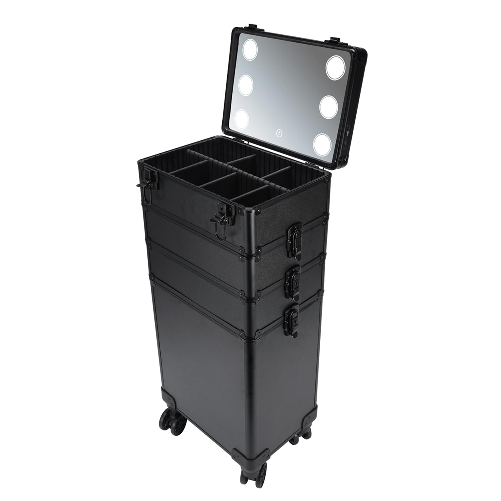 Karl home 4 in 1 Makeup Train Case with 3 Color LED Light Mirror, Rolling Cosmetic Trolley Travel Organizer with Key 360° Swivel Wheels for