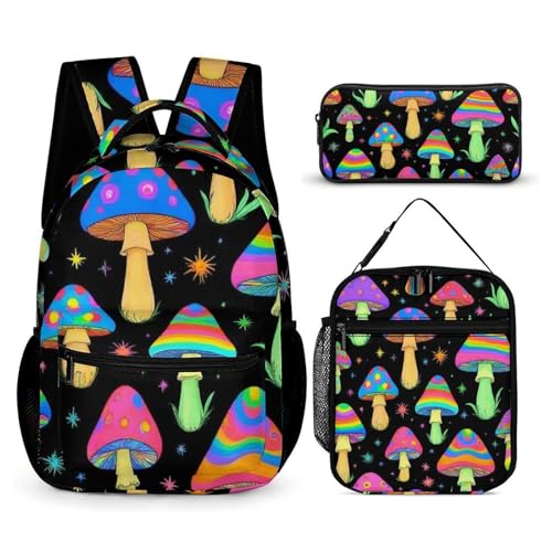 Backpack Lightweight Goth Gothic Magic Hippie Trippy Mushrooms (2) Bookbag with Lunch Box Storage Bags Backpack Set Daypack with Lunch Bag and Cosmetic Bag