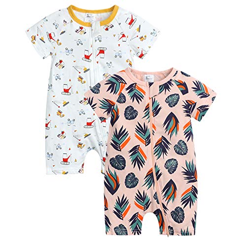 Kids Tales 2 Pack Baby Short Sleeve Cotton Pajamas Infant Boys Girls Graphic Zipper Romper Toddler Bodysuit
