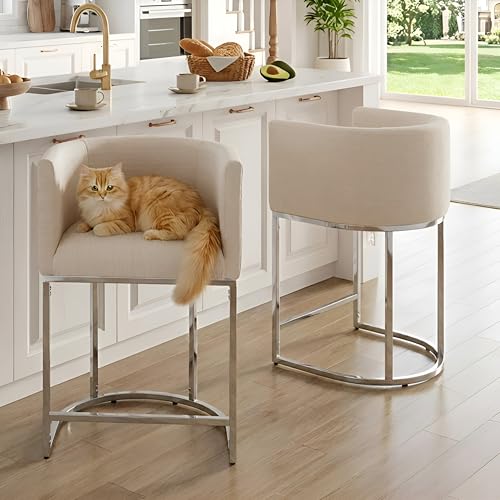Image of HNY Modern Counter Height Linen Cream Fabric Upholstered Counter Stools Set of 2, 24 Inch Kitchen Island Stool with Chrome Finish Metal Frame