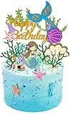 FINGOOO 7 Pieces Glitter Mermaid Cake Topper with Seaweed,Mermaid Themed Birthday Cake Decorations...