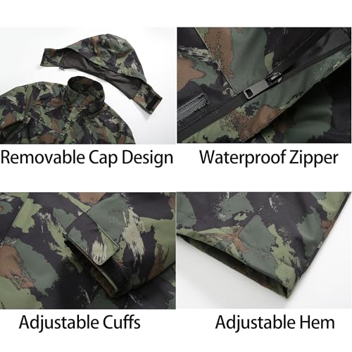 ANAYSN Herren Regen Jacke mit Kapuze wasserdicht leichte Jacke und Reißverschlusstaschen Regenmantel für Outdoor Camping Wandern (Camo, L)