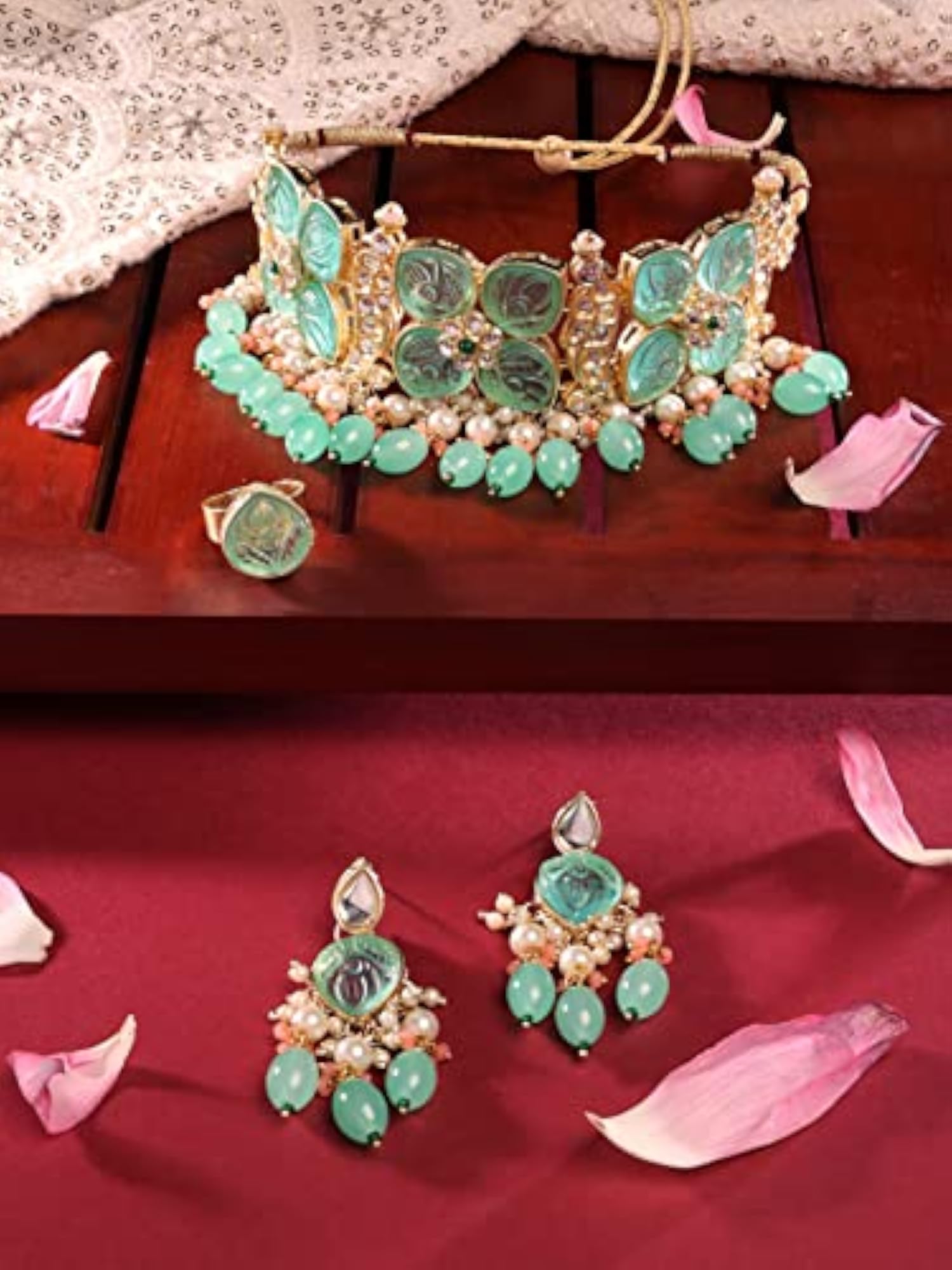 Kundan Choker Necklace Earring & Ring Set-ZPFK14722