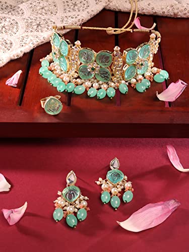 Kundan Choker Necklace Earring & Ring Set-ZPFK14722
