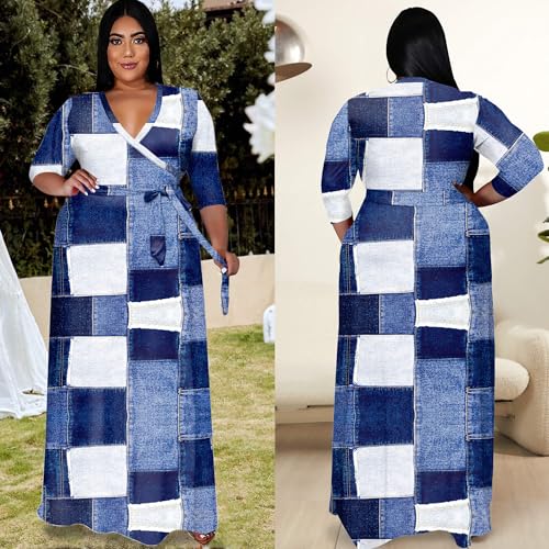 Image of Runwind Plus Size Dresses for Women Floral Maxi Dress Flowy 3 /4 Sleeve with Belt